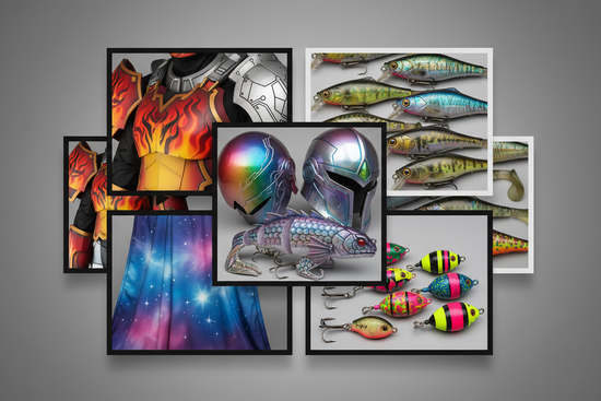 エアブラシで塗装をしたコスプレ衣装や釣り用ルアーなどのコラージュ写真